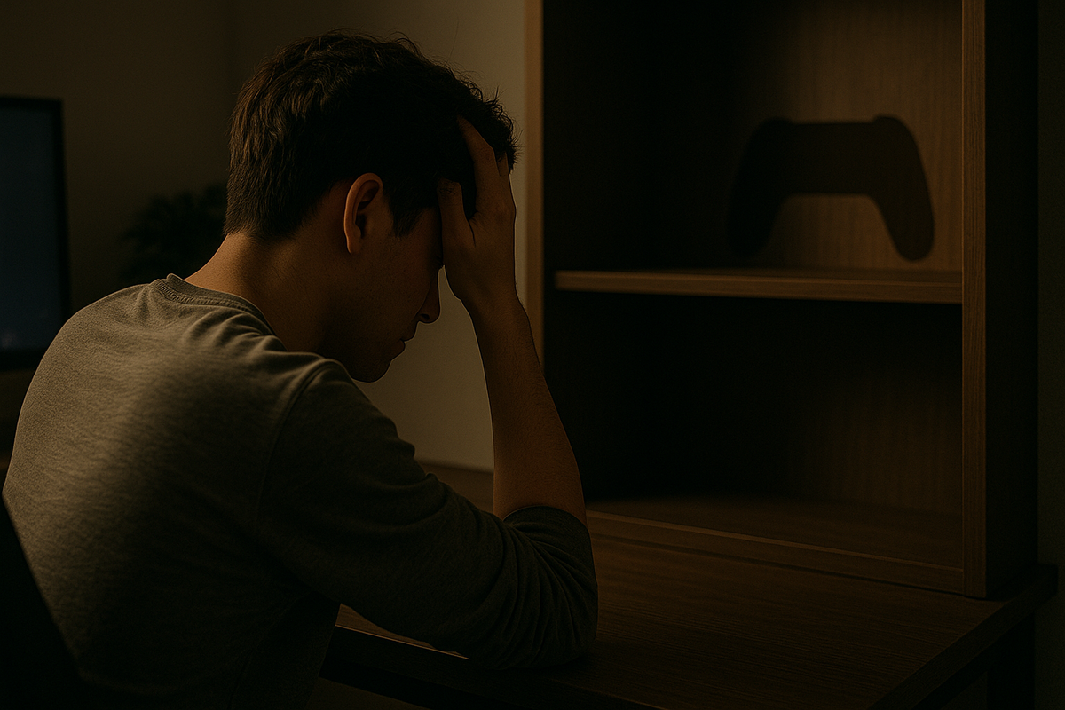 Frustrated gamer sitting at desk, holding head in hands, empty shelf with missing game controller silhouette in background
