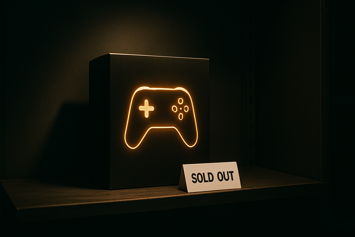 光るゲームコントローラーアイコンが印象的なパッケージ。ヨドバシ店舗の棚で「SOLD OUT」の札とともに展示。