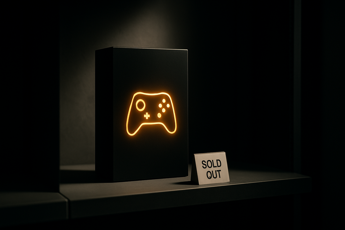 薄暗い棚に置かれたゲームコントローラーのパッケージ。SOLD OUTの表示が静かに主張している。