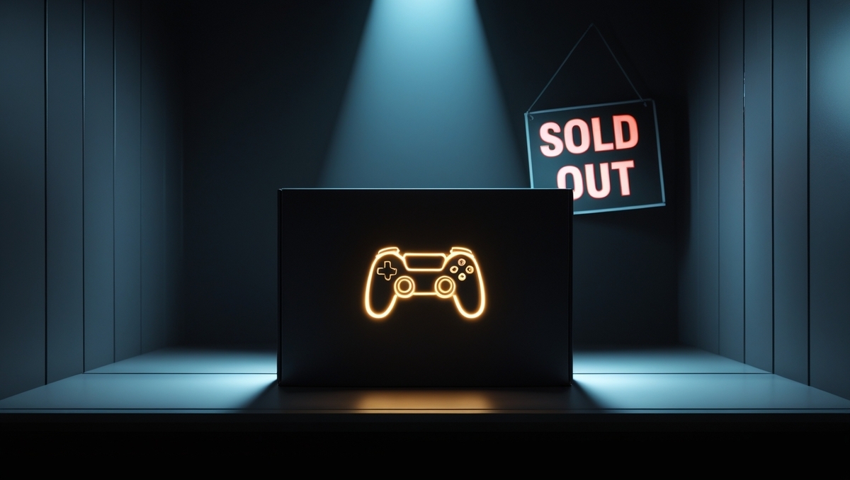 A mysterious glowing controller box with a "SOLD OUT" sign hanging in the background, under a spotlight.