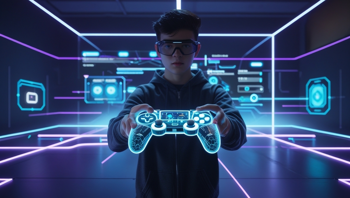 A futuristic gamer holding a glowing transparent controller in a holographic virtual interface room.