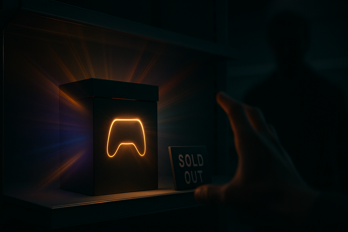 輝くゲームコントローラーの箱に手を伸ばすが届かない人物と、「SOLD OUT」の表示が印象的なミステリアスなワンシーン