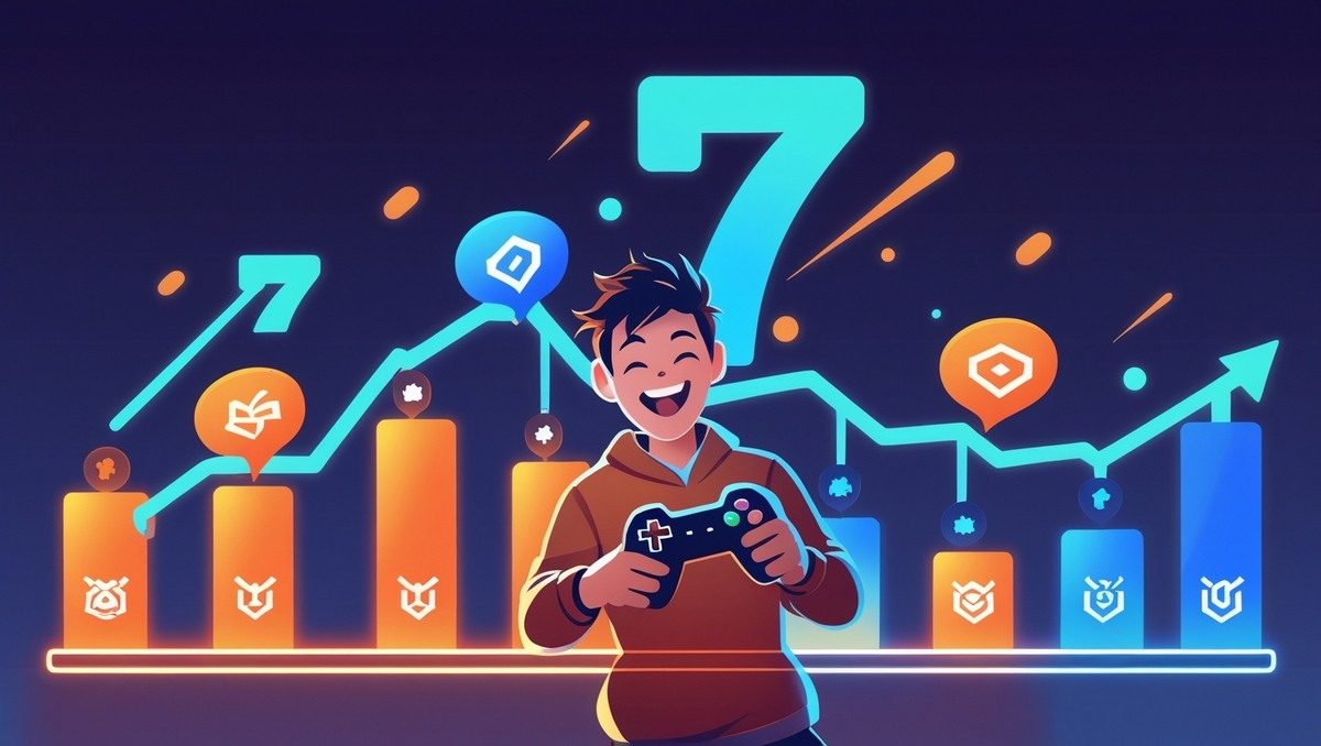 A happy gamer holding a controller with a rising bar chart and the number 7, symbolizing strategy success and ranking.