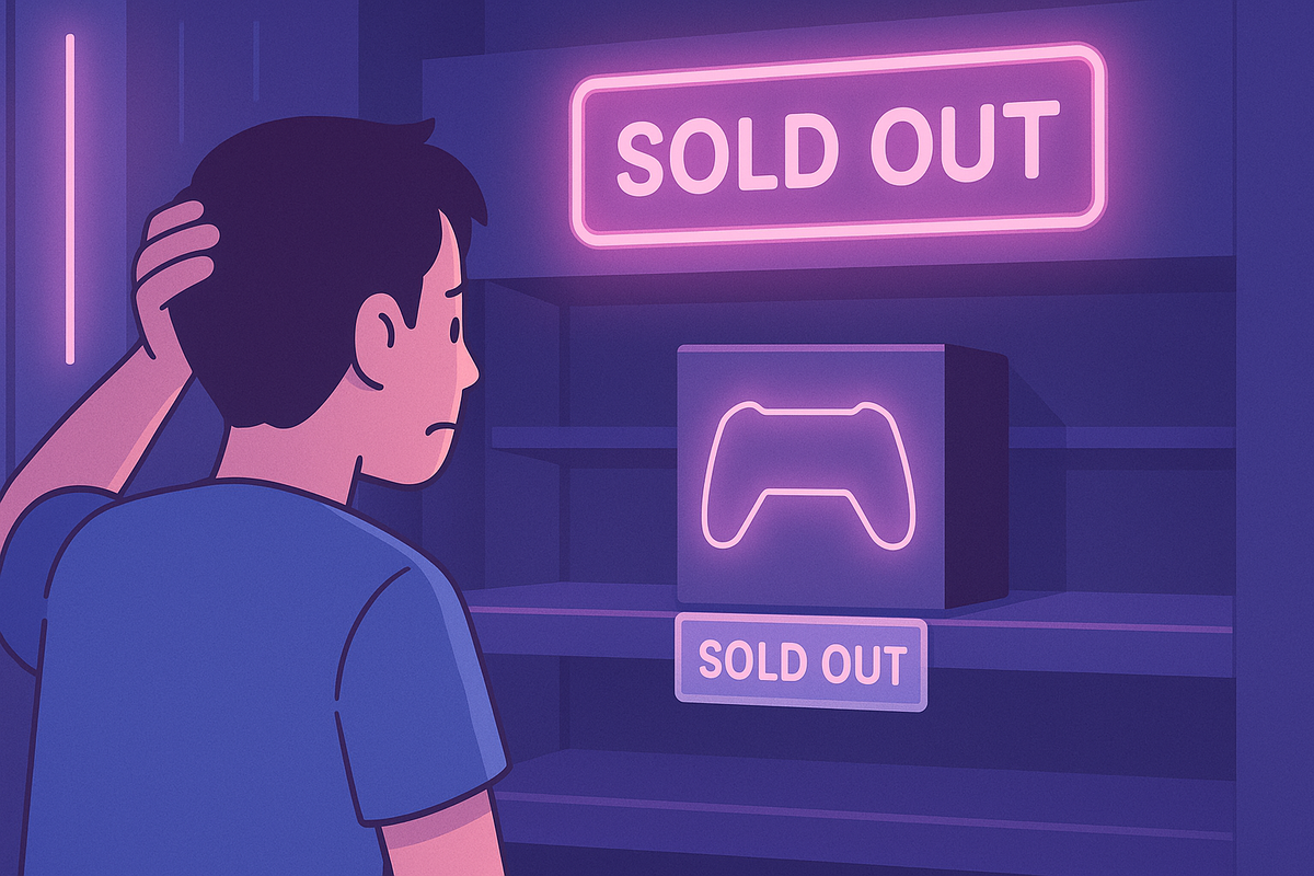 A frustrated gamer looking at an empty shelf with multiple SOLD OUT signs and a controller icon, perfectly capturing the heartbreak of missing out on a limited release