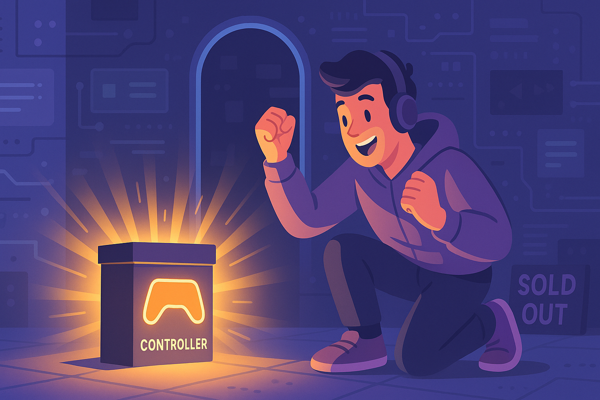 Excited gamer discovers a glowing game controller box labeled "Controller" among sold-out shelves, capturing the moment of joy after finding a rare in-stock item