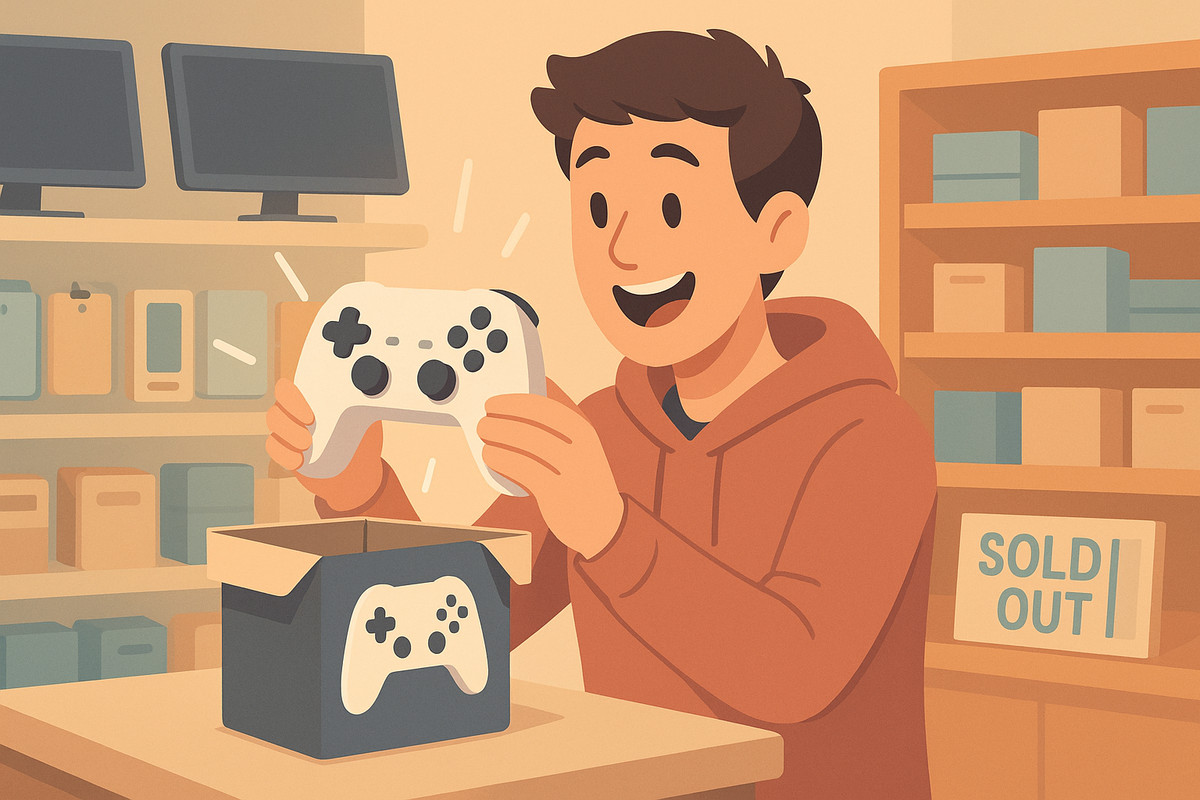A joyful gamer holding a newly purchased controller in a store, smiling with relief as the "Sold Out" sign looms in the background — the thrill of winning when others miss out.