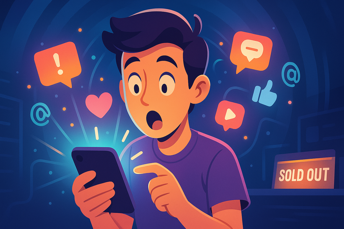 A surprised gamer stares at their phone, flooded with social media notifications—just in time before another controller sells out.