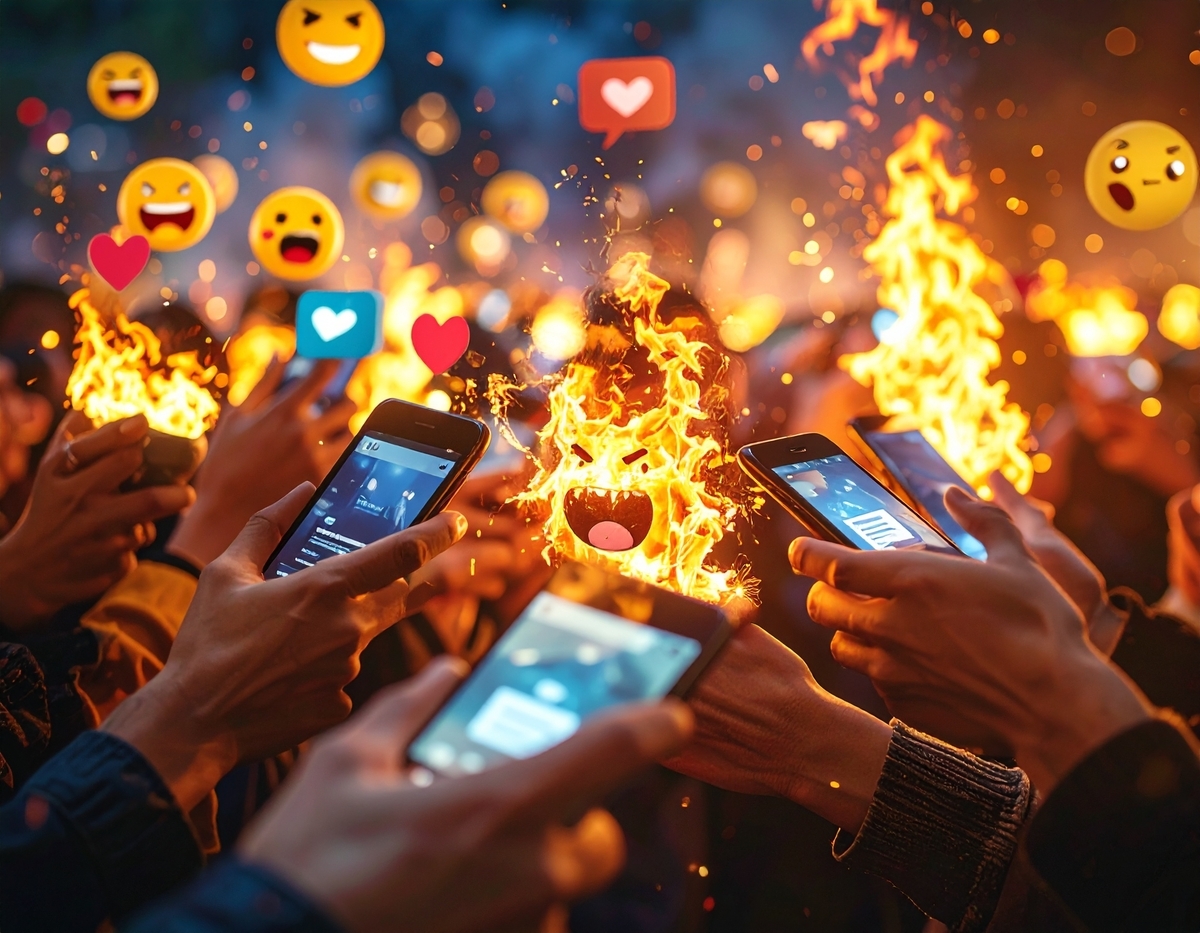 炎上するSNSの世界、怒りの声がスマホ越しに爆発する様子を象徴的に描いたイメージ。Switch2抽選に落選し、SNSで不満を爆発させるユーザーたちの“地獄絵図”を表現。