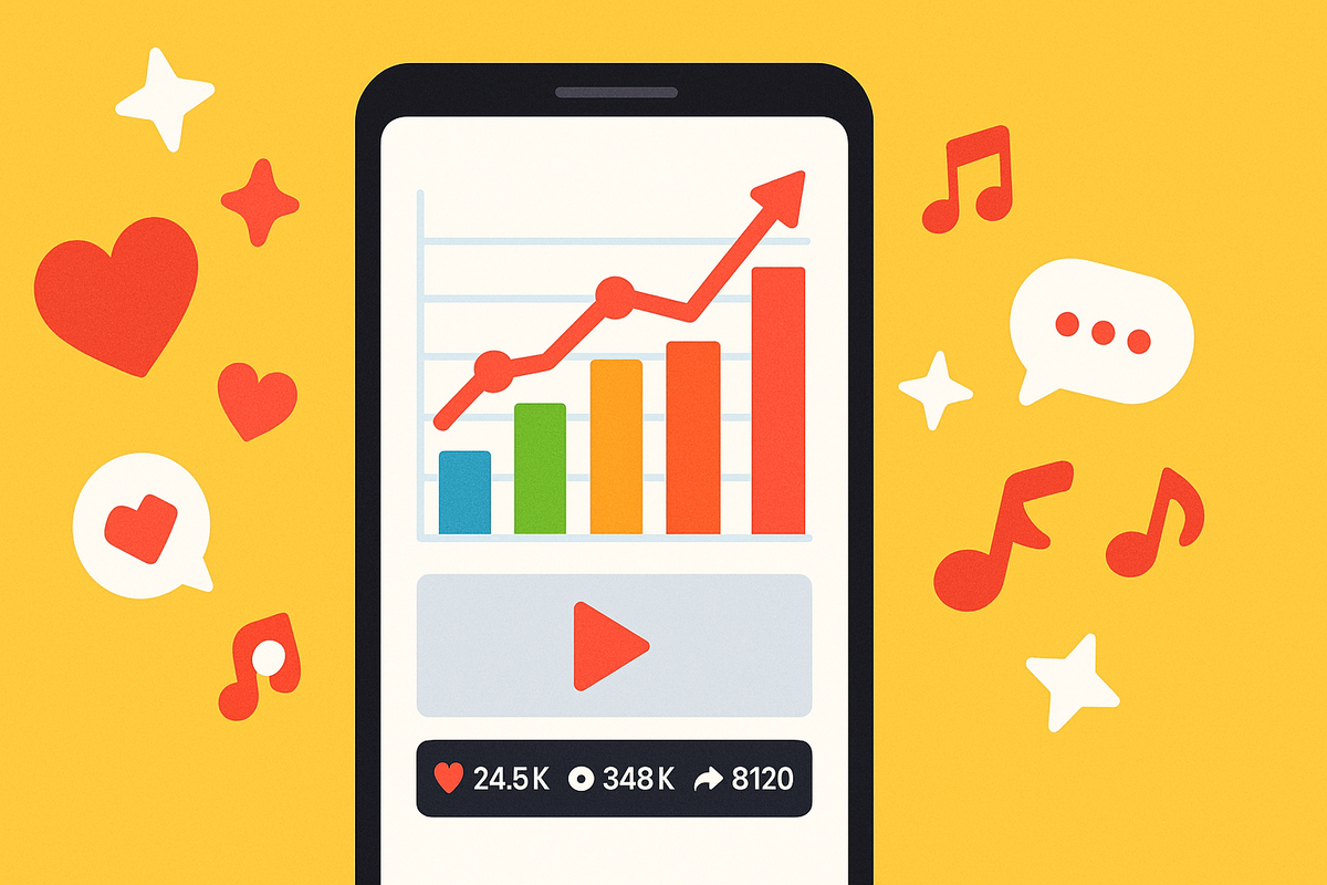 TikTok・YouTube動画がバズる瞬間！再生数・いいね・シェアが急上昇する様子を表現したビジュアル。SNS攻略の成功例をグラフで可視化。