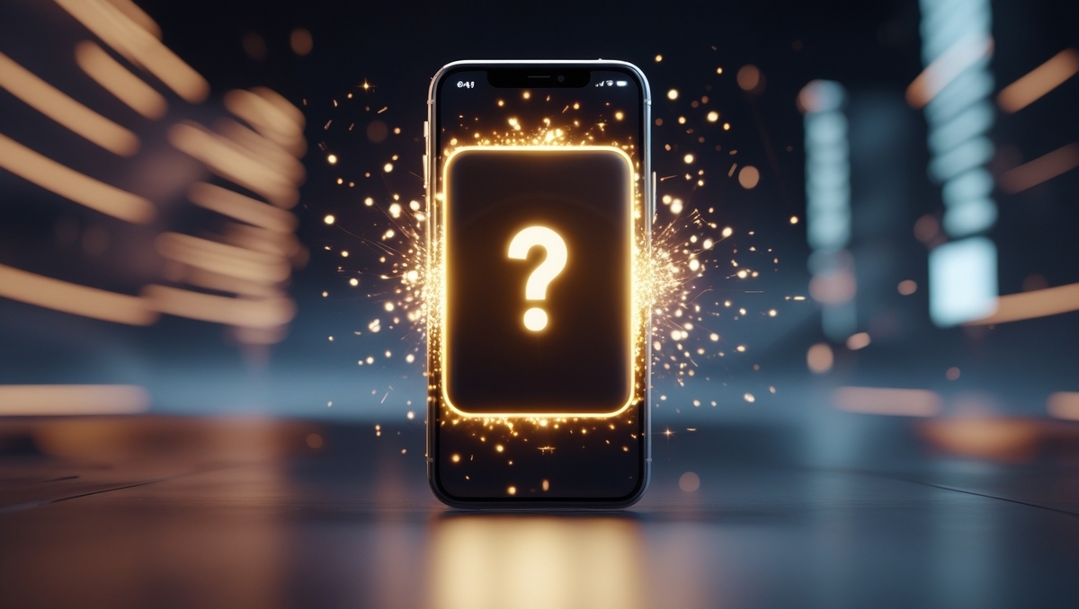 A glowing smartphone screen with a golden question mark, surrounded by sparkles and motion blur, evoking lottery results or surprise announcement.