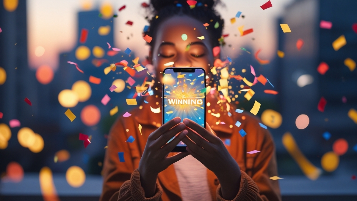 A joyful young woman celebrating with confetti while looking at her smartphone displaying "WINNING" — a moment of pure excitement and victory. （スマートフォンに「WINNING」と表示され、紙吹雪が舞う中で歓喜する女性。Switch2当選の瞬間を思わせる感動的な情景）