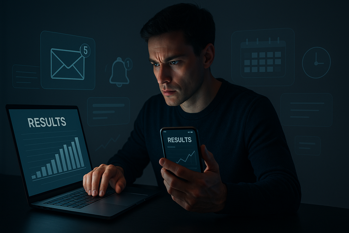 A man intensely checking lottery results on a laptop and smartphone, with email and notification icons in the background – symbolizing tension before Nintendo Switch 2 lottery announcement