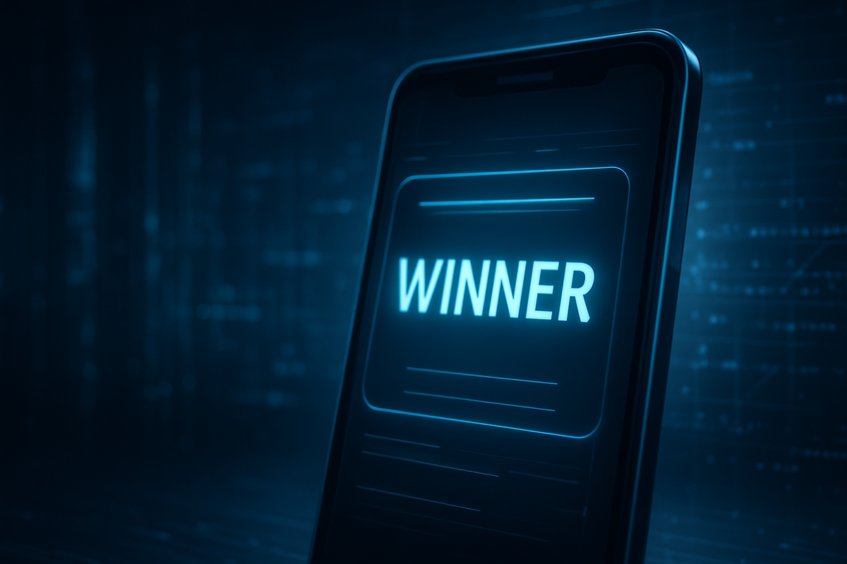 A futuristic concept of a digital lottery announcement, glowing screen showing "Winner" in a sleek interface, soft blue and black tones, abstract background with data streams and digital particles, 16:9 aspect ratio, no logos or trademarks, cinematic lighting