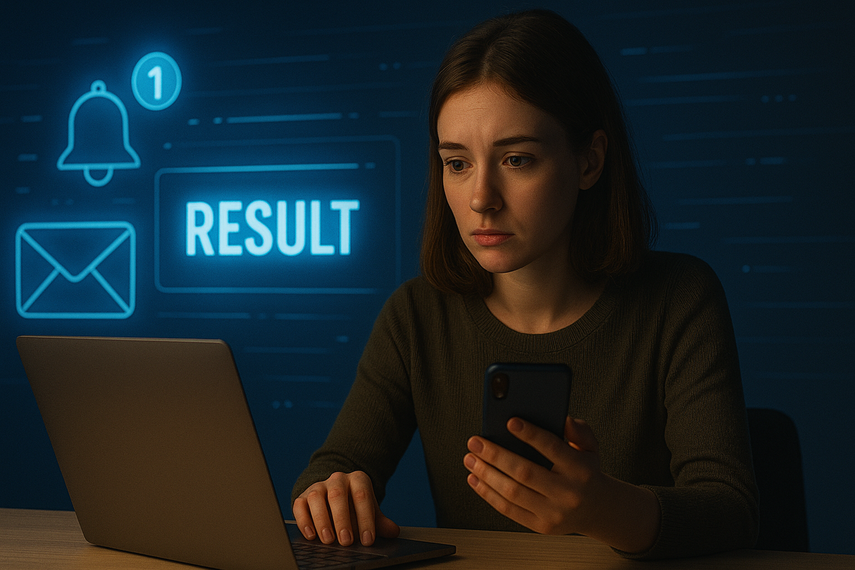 スマホの通知を見つめる若い女性、結果発表を待つ緊張の瞬間。青く光るUIと“RESULT”の文字が浮かぶ近未来的なデジタル空間