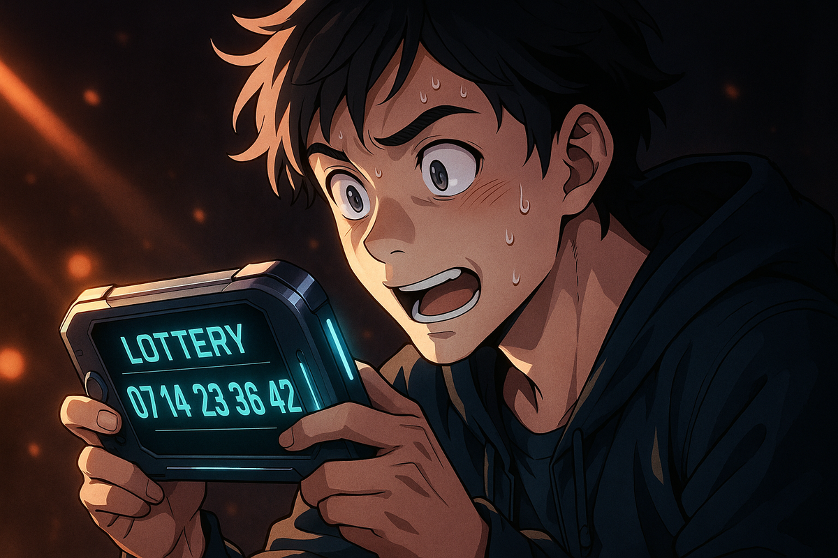 A shocked young man sweating nervously as he stares at a glowing futuristic lottery result screen, capturing the tense moment of checking a high-stakes drawing.