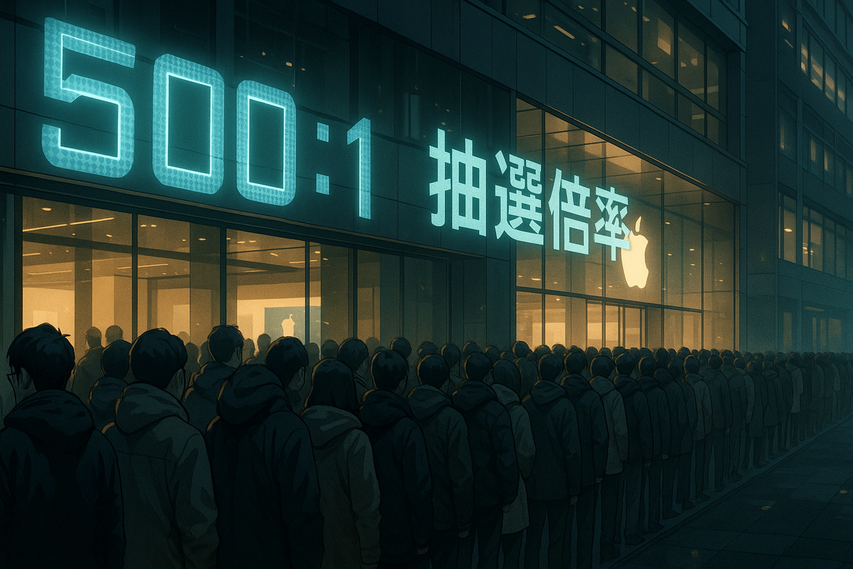 Hundreds of people wait in a long queue outside a glowing store under a massive sign reading "500:1 Lottery Odds", capturing the overwhelming difficulty and intense competition of a high-stakes product launch.