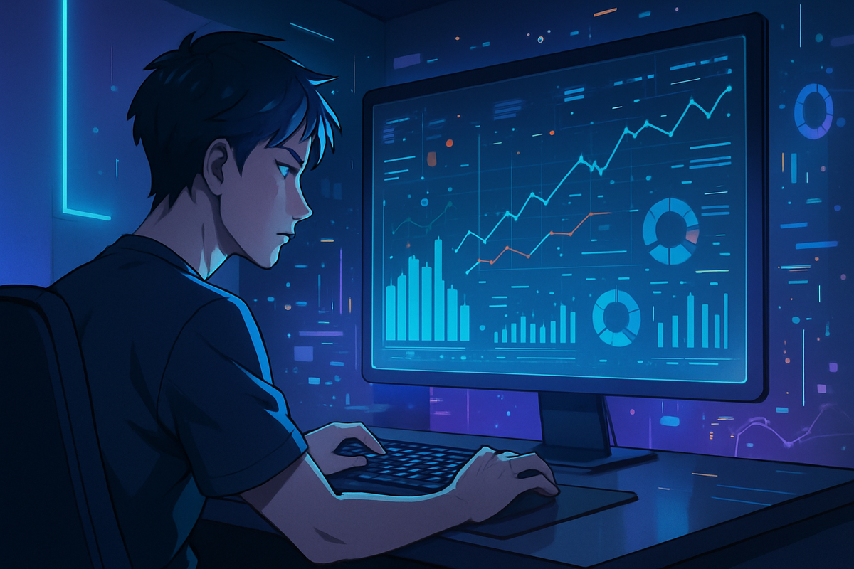 A focused young man analyzes complex data charts on a glowing monitor in a dark room, embodying the intensity and precision of predicting high-stakes lottery odds.