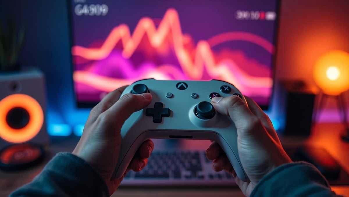 Close-up of a gamer's hands gripping a sleek white controller in front of a glowing monitor — neon lights and waveforms evoke the thrill of immersive gameplay at night.