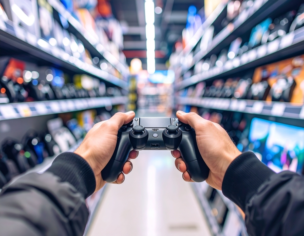 In-store rush: A person clutching a game controller tightly in both hands, scanning the crowded shelf for a last-minute decision — a moment of urgency and anticipation.