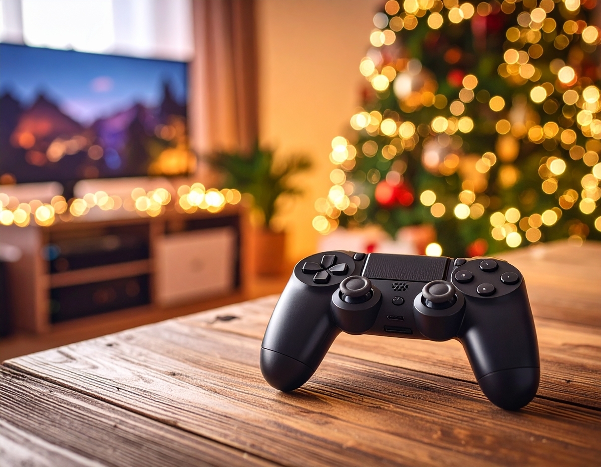 A wireless gaming controller on a cozy wooden table, with a glowing Christmas tree in the background – perfect holiday vibes for family gaming nights.