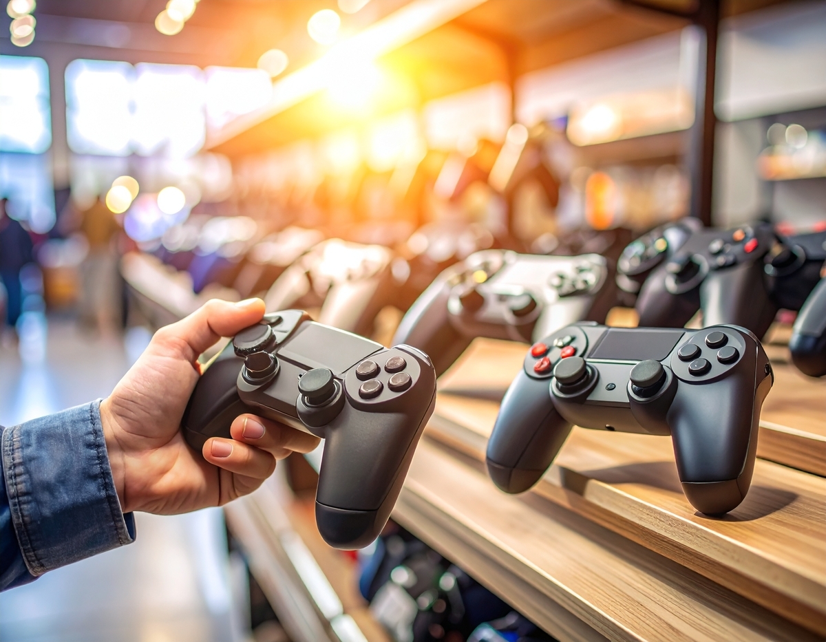 A person browsing through colorful wireless game controllers at a retail store, highlighting fun options and different designs for all types of gamers.