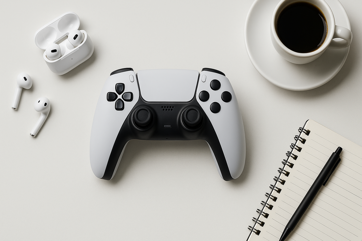 Minimal flat lay of a gaming controller with coffee, notebook, and earphones – reflecting a thoughtful moment to consider whether the Costco membership is really worth it for smart shoppers.