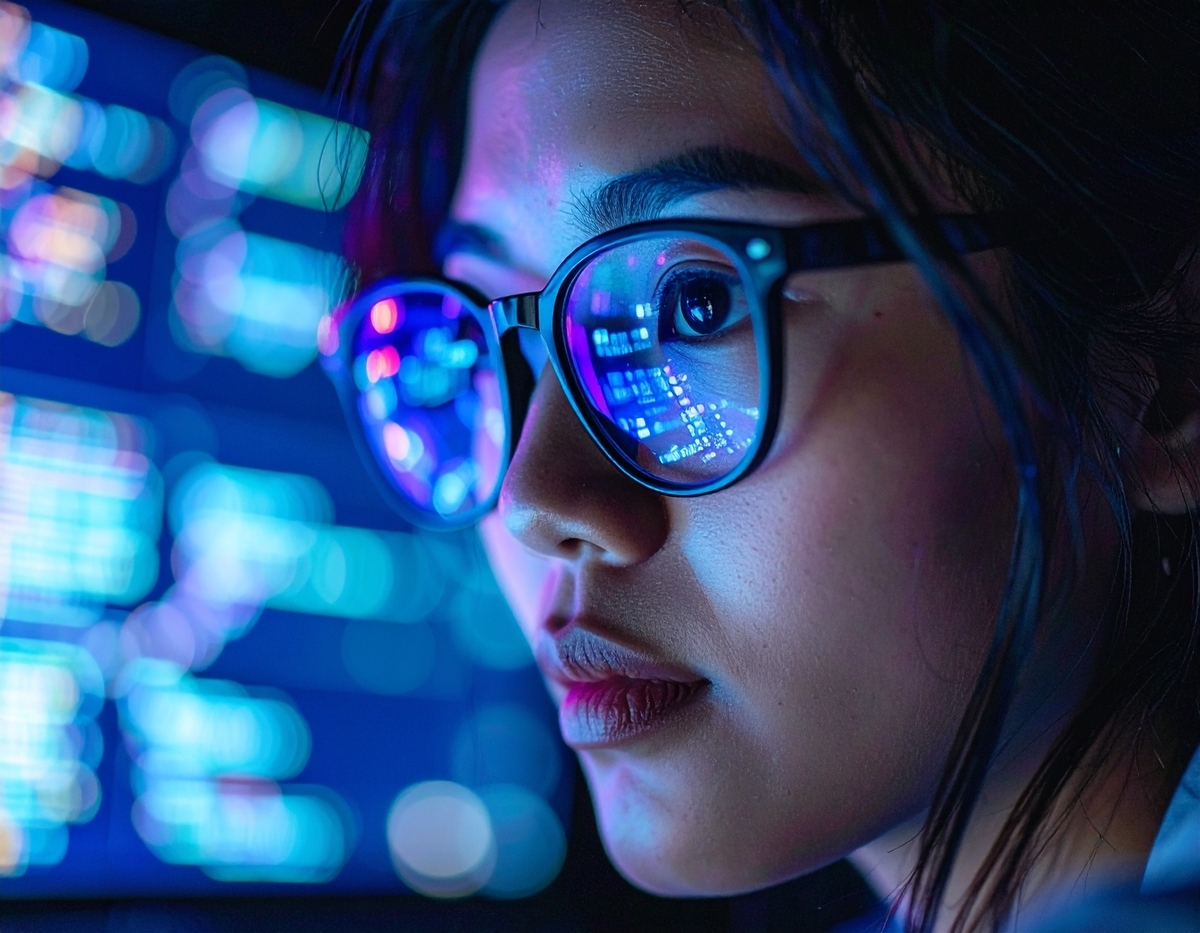 A young woman intensely focused on a glowing screen, her glasses reflecting vibrant code lines — capturing the thrill and immersion of next-gen technology.