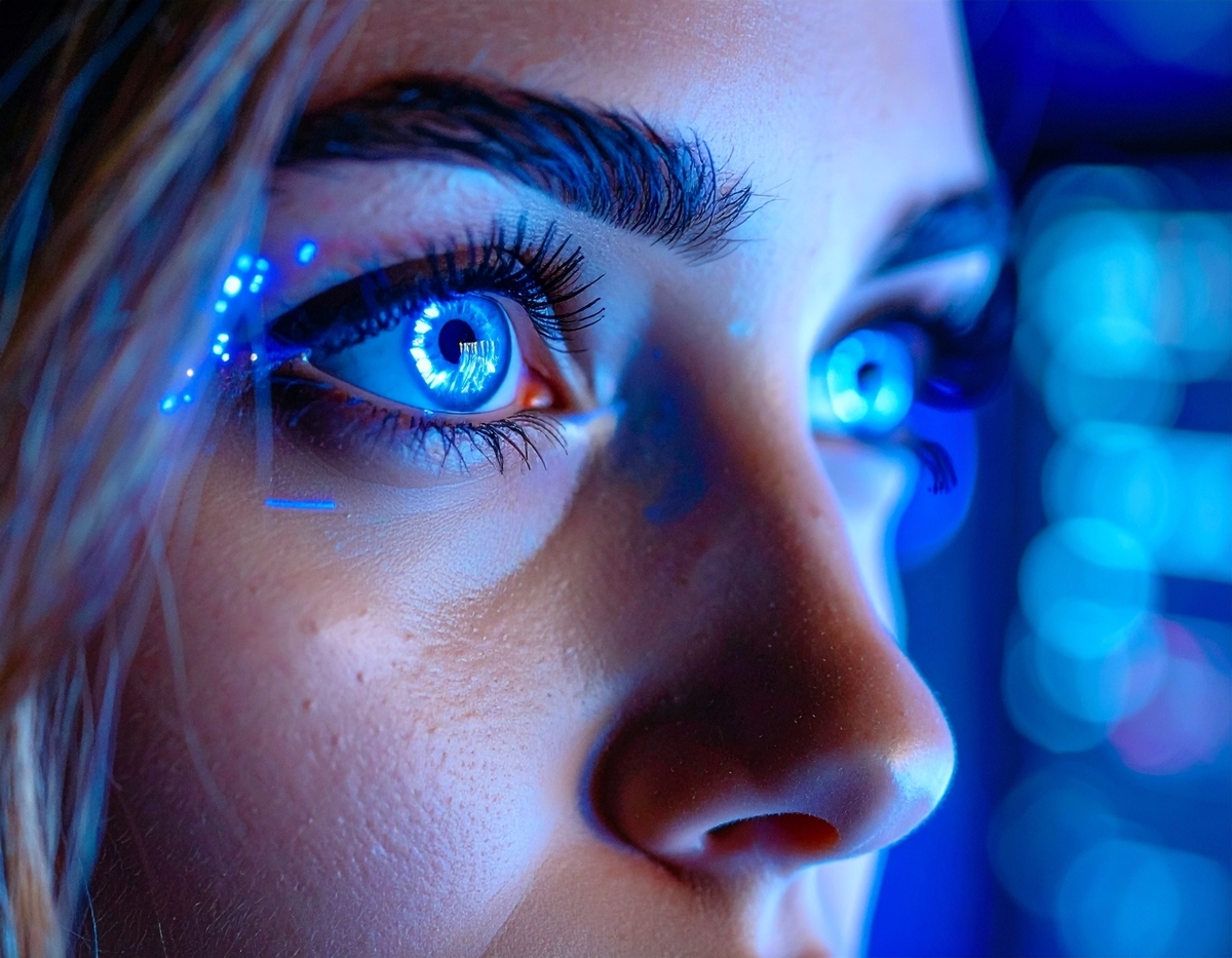 Close-up of a woman's eye glowing with futuristic blue lights, symbolizing high-tech focus, vision, and digital immersion.