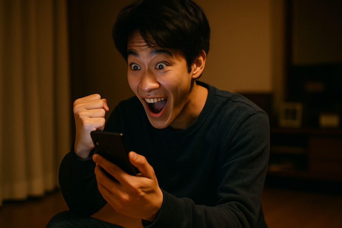 A young man reacts with pure excitement and disbelief as he looks at his smartphone, clenching his fist in victory, eyes wide open with joy — capturing the thrill of unexpected good news.