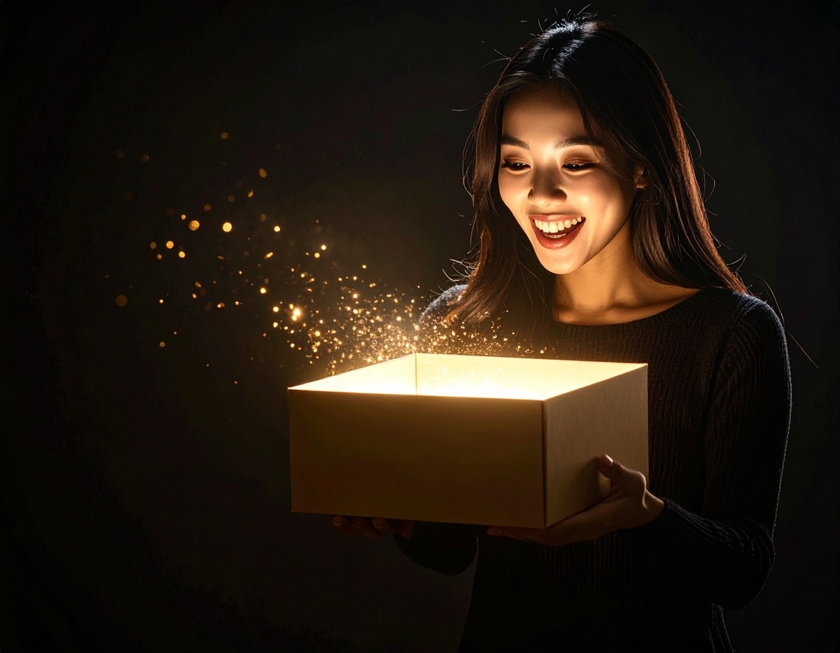 A smiling woman amazed by a glowing box emitting sparkles — capturing the magic of a thrilling surprise reveal.
