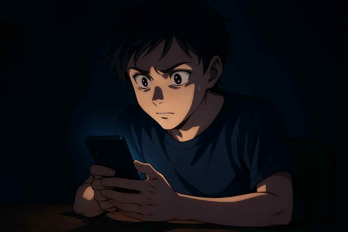 スマホ画面を見つめ、汗をにじませながら固まる少年。Switch2抽選結果、まさかの展開に固唾をのむ瞬間。