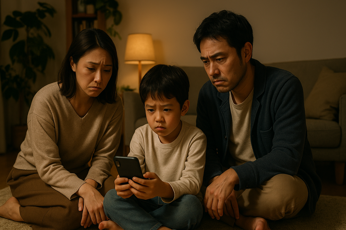 スマホの画面を心配そうに見つめる日本人家族。母は落胆、父は困惑、子どもは戸惑いの表情を浮かべており、家庭内に重たい空気が流れている。