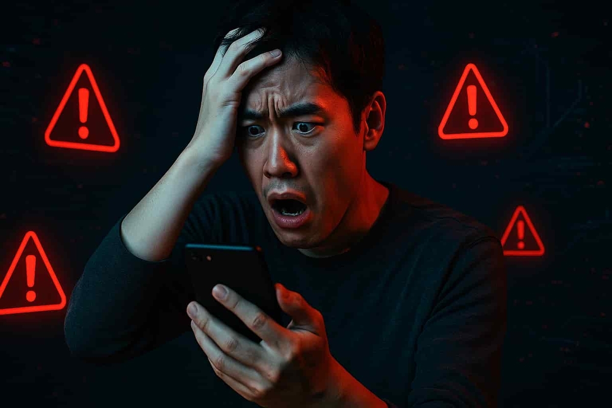 A shocked man staring at his smartphone with his hand on his head, surrounded by red warning icons — symbolizing a critical mistake or invalid lottery result.