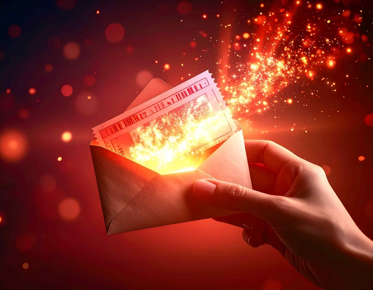 A glowing envelope bursting with golden sparkles and a ticket inside, symbolizing the thrill and magic of a lottery win.