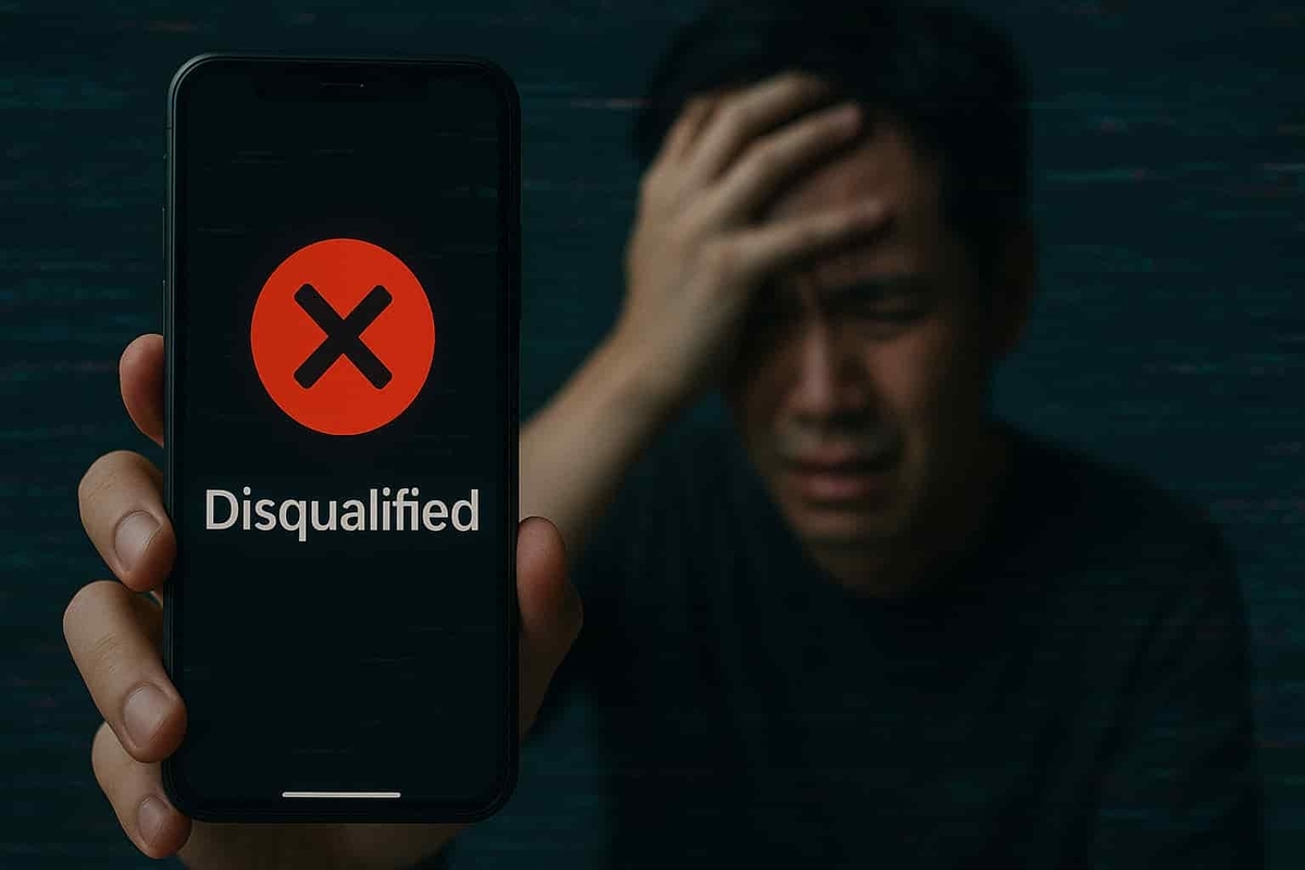 A man devastated after seeing a "Disqualified" message on his smartphone — symbolizing the shock of being invalidated after a lottery or contest entry.