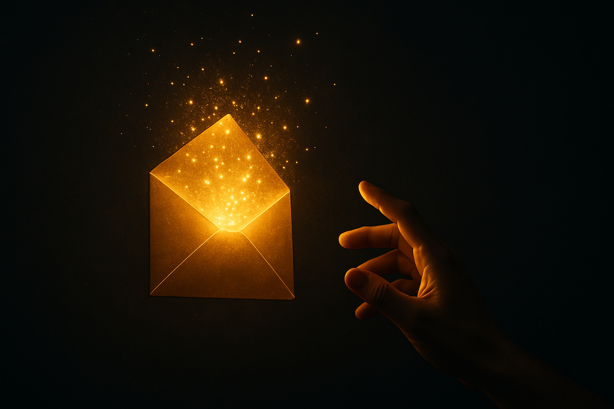A mysterious golden envelope bursting with sparkles, gently approached by a curious hand — symbolizing the excitement and anticipation of a winning moment.