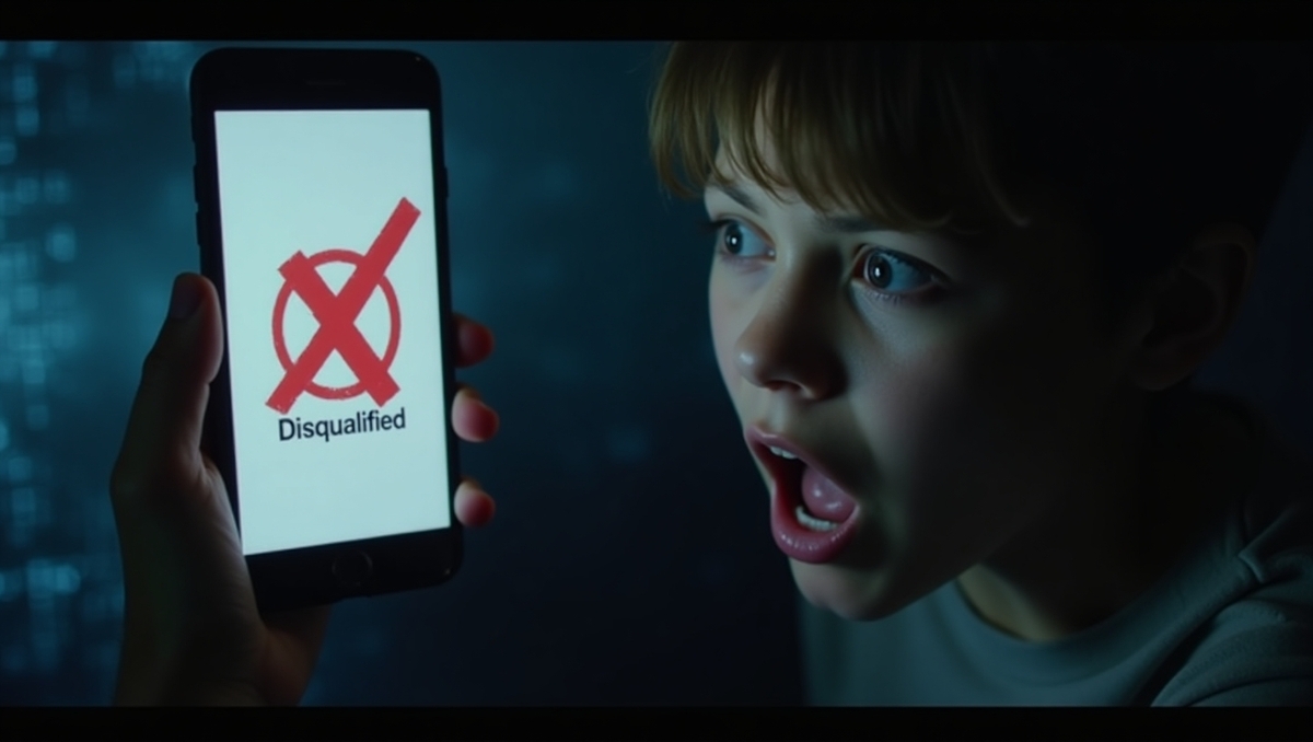 A young woman gasps in shock as she sees a "Disqualified" message on her phone screen — a moment of disbelief and crushing disappointment.