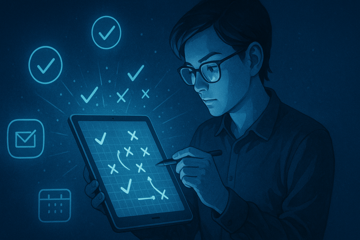 A focused young man uses a stylus on a digital strategy board, carefully planning his next move to improve his chances of success.