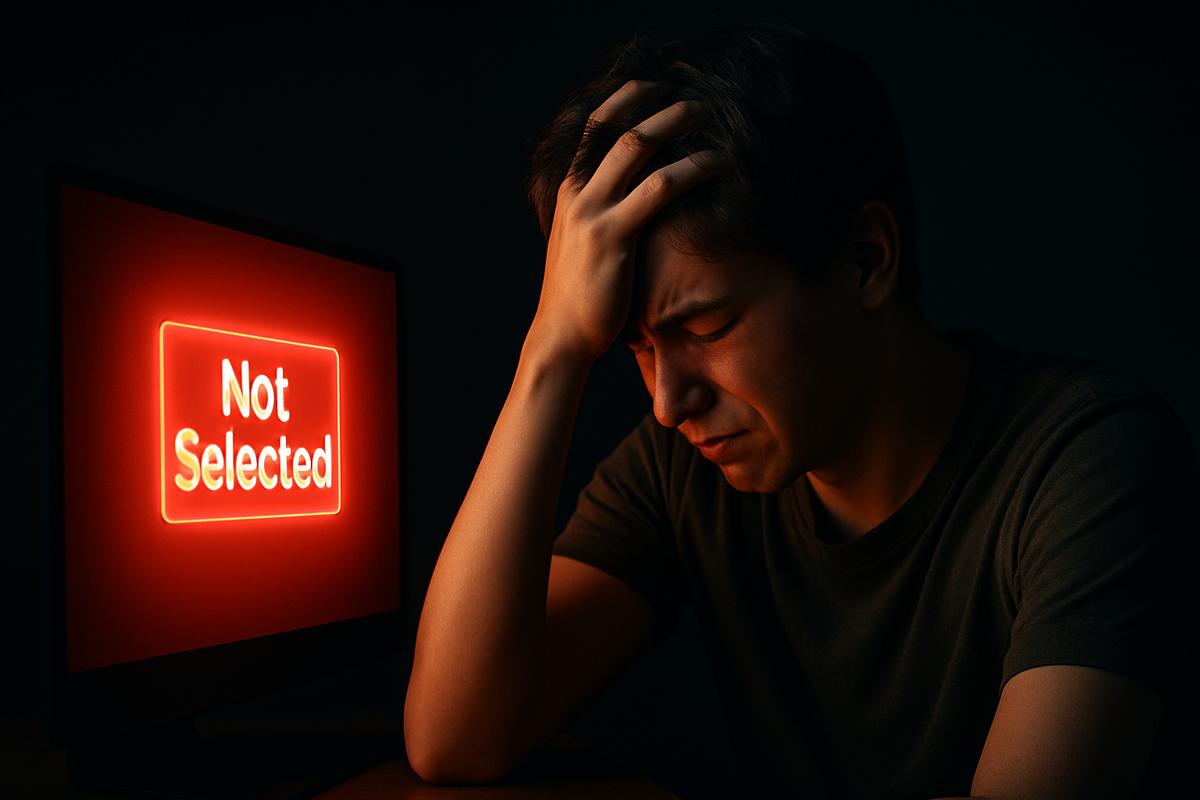 A disappointed young man holding his head in frustration while looking at a glowing red "Not Selected" message on a computer screen — expressing the emotional shock of losing a lottery draw.