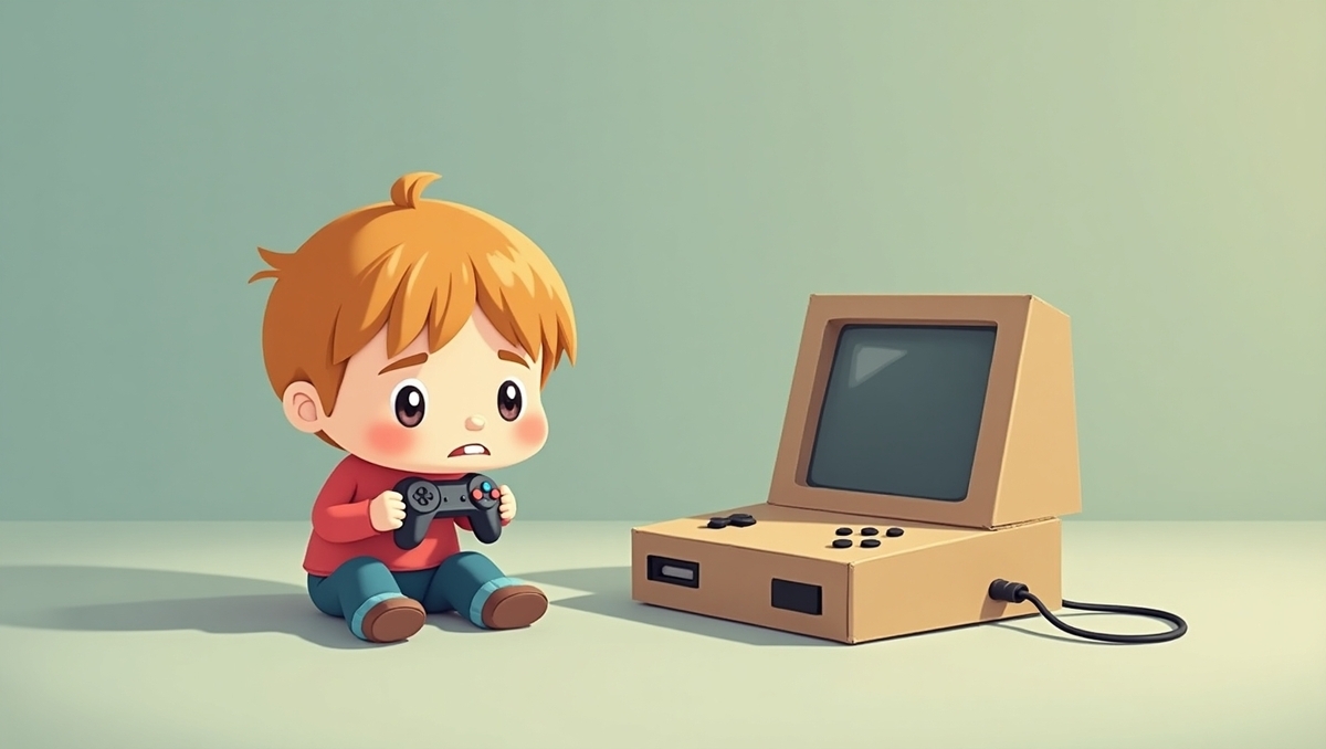 段ボールで作られたゲーム機を前に、不安げにコントローラーを握る子ども。抽選落選の哀しみと“自作ネタ”を表現。