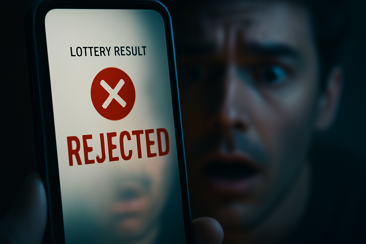 A man looking devastated while reading "Lottery Result: Rejected" on his smartphone — capturing the shock of missing out on a highly anticipated product.