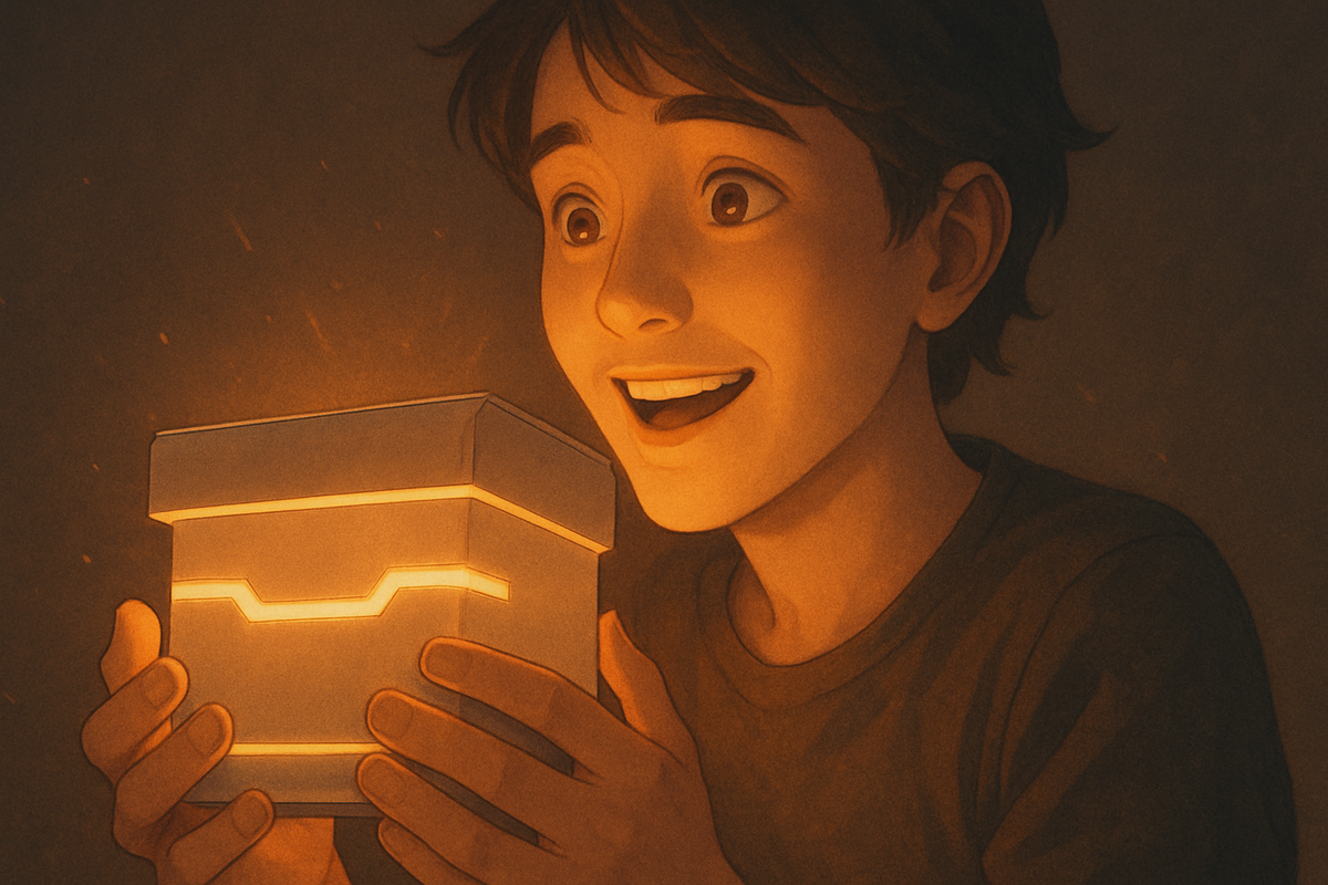 A boy looking amazed as he holds a futuristic glowing box in his hands, symbolizing excitement and joyful surprise （少年が未来的に光る箱を手に取り、驚きと喜びを浮かべている様子）