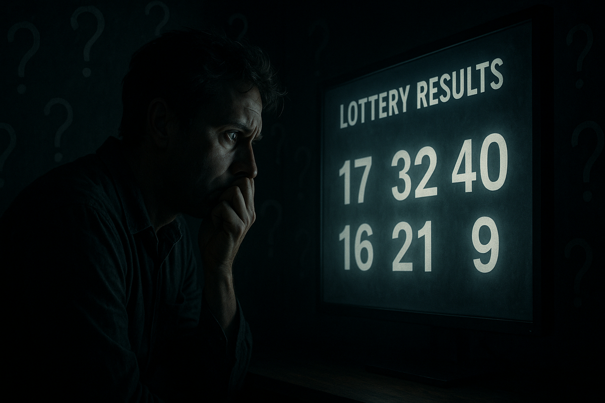 A worried man intensely watching a lottery results screen, anxious and uncertain, surrounded by question marks symbolizing doubt and suspense
