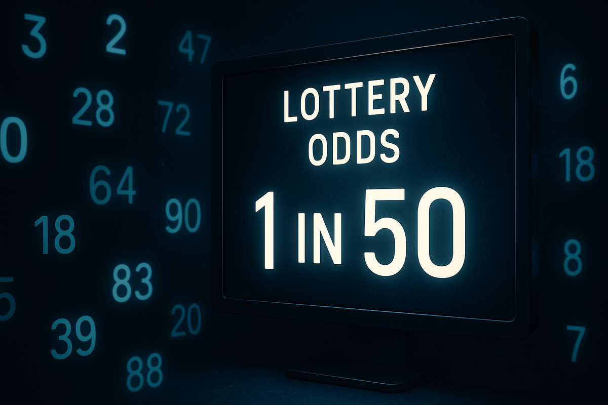 A digital screen showing "1 in 50" lottery odds surrounded by floating random numbers, evoking the anxiety of low chances and high stakes in a dark, tense atmosphere