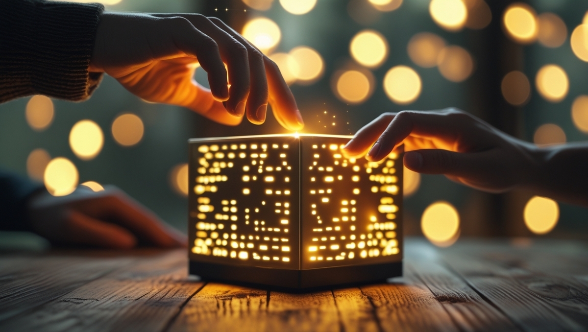 Two hands reaching out to touch a glowing mysterious box, symbolizing a moment of fate or lottery selection, surrounded by warm golden lights evoking suspense and wonder