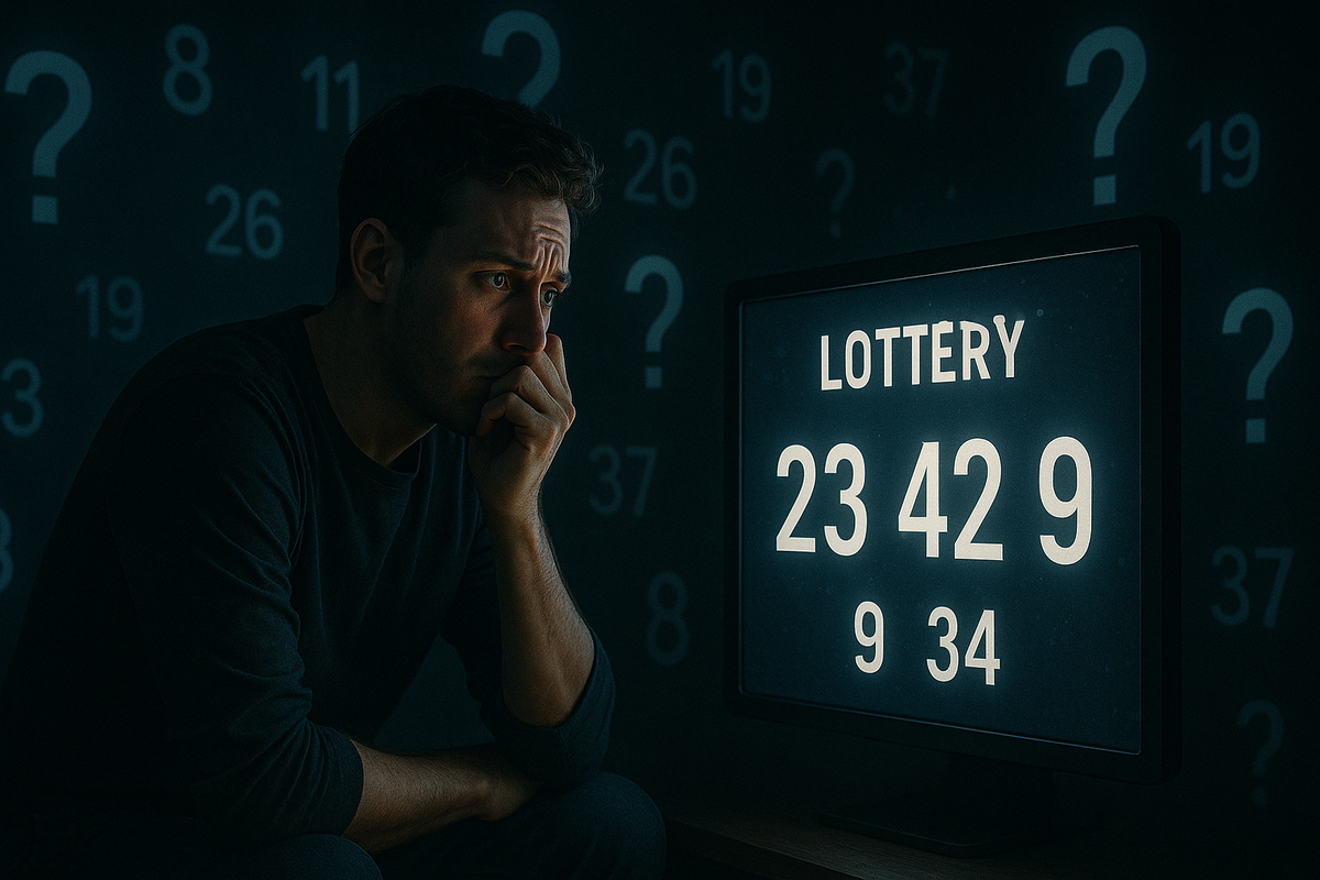 抽選結果を不安そうに見つめる男性。画面には“LOTTERY”と数字が表示され、当選か落選かを見極める緊張の瞬間が描かれている。