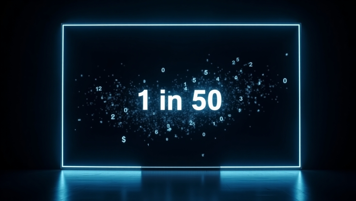 暗闇に浮かぶ『1 in 50』の確率と、舞い散る無数の数字。1台の当選をめぐる厳しい現実と、わずかな希望を映し出すビジュアル。
