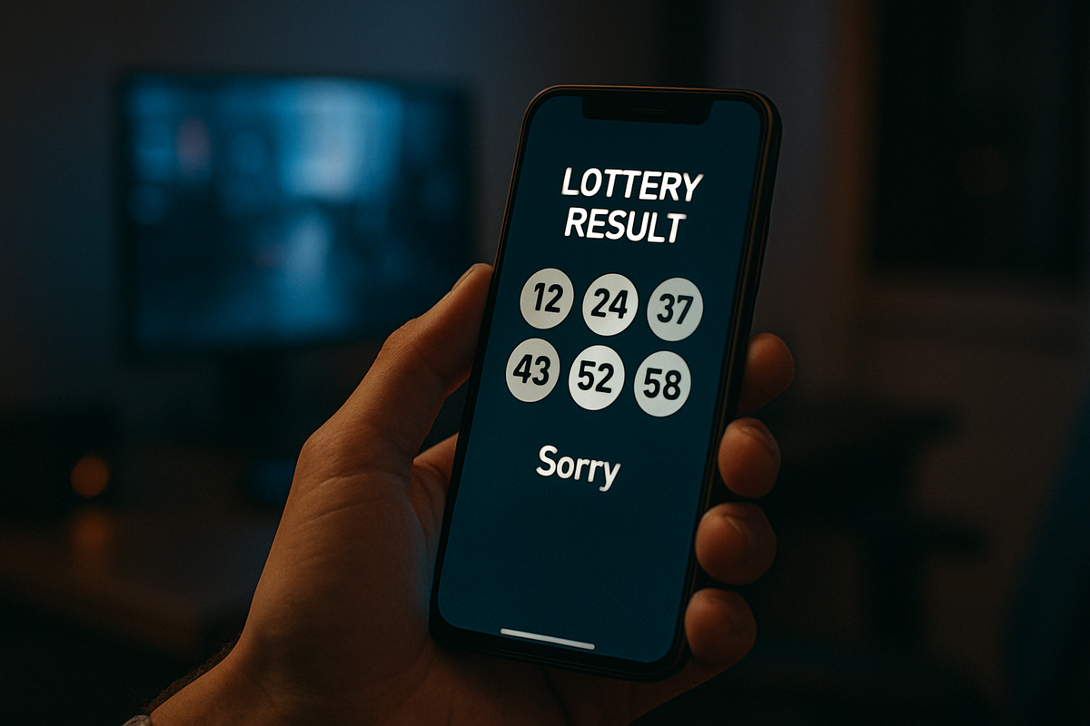 A disappointed person checking lottery results on their phone, showing the word "Sorry" — capturing the frustration and heartbreak of missing out on a high-stakes draw.