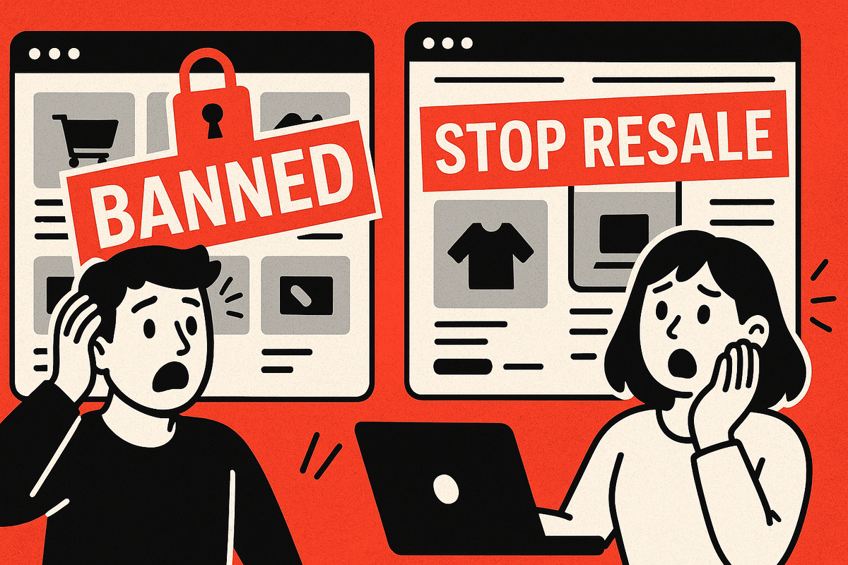 Shocked users reacting to Nintendo Switch 2 resale ban announcement, as e-commerce platforms show "BANNED" and "STOP RESALE" labels with padlocks—surprise, confusion, and urgency in the air.
