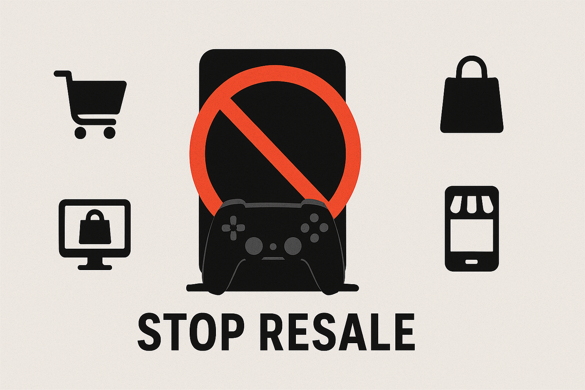 A bold red stop symbol covers a game console and controller, surrounded by shopping icons—evoking urgency, restriction, and a collective stand against unfair reselling practices.